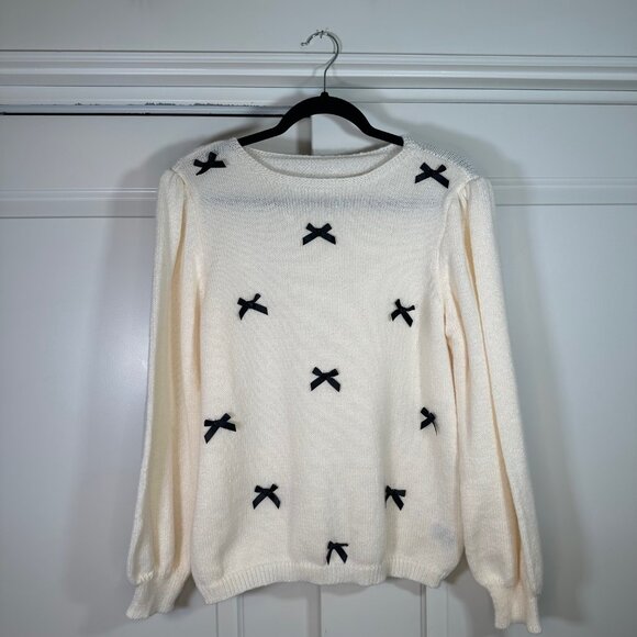 Coquette Ivory and Black Bows Bishop Sleeve Round Neck Sweater 1XL - Picture 4 of 10